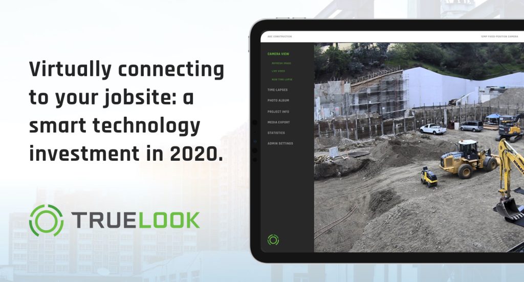 tablet watching a construction project in progress next to a TrueLook logo