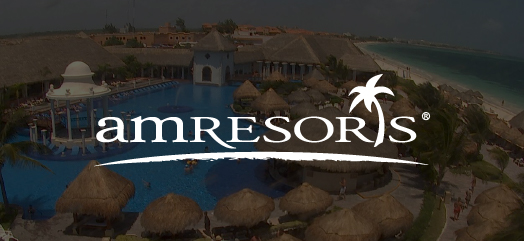 AMresorts logo in front of a resort