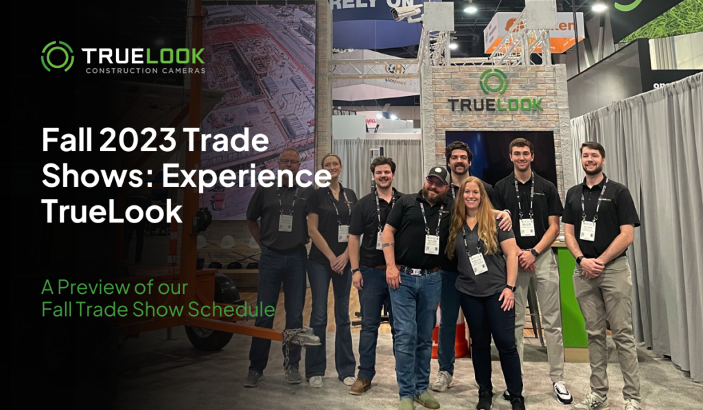 A vibrant and dynamic blog graphic featuring the enthusiastic TrueLook Construction Cameras team at North America's largest Construction trade show. The team members are seen together in front of their booth, showcasing cutting-edge camera technology, and eagerly promoting their exciting lineup of upcoming fall shows. The atmosphere is filled with excitement and anticipation, as the team's professionalism and passion for their products shine through, inviting viewers to join them in the forthcoming events. The image captures the essence of camaraderie, innovation, and dedication as the TrueLook team takes the construction industry by storm.