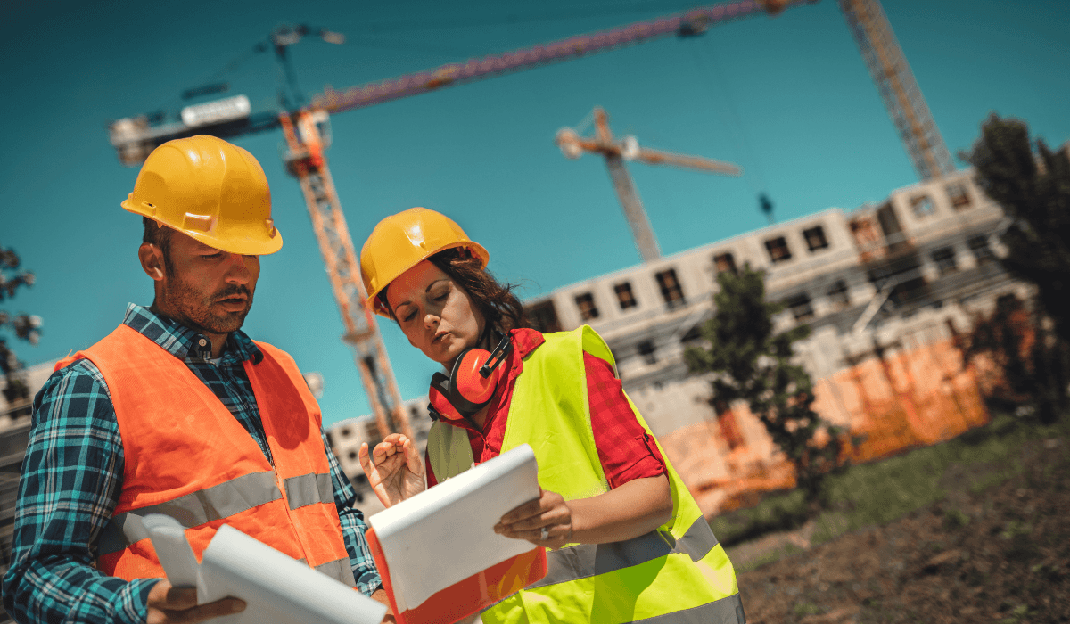 Male and female construction workers reading paper with PPE on to try to reduce risks on the jobsite