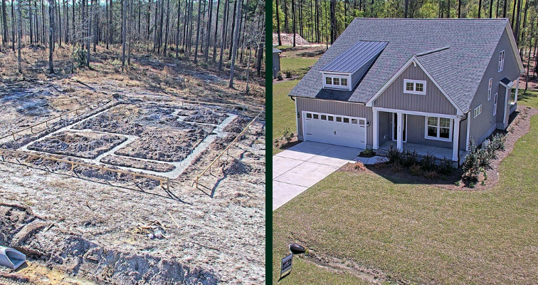 A before and after image of a residential construction project captured by a TrueLook Camera