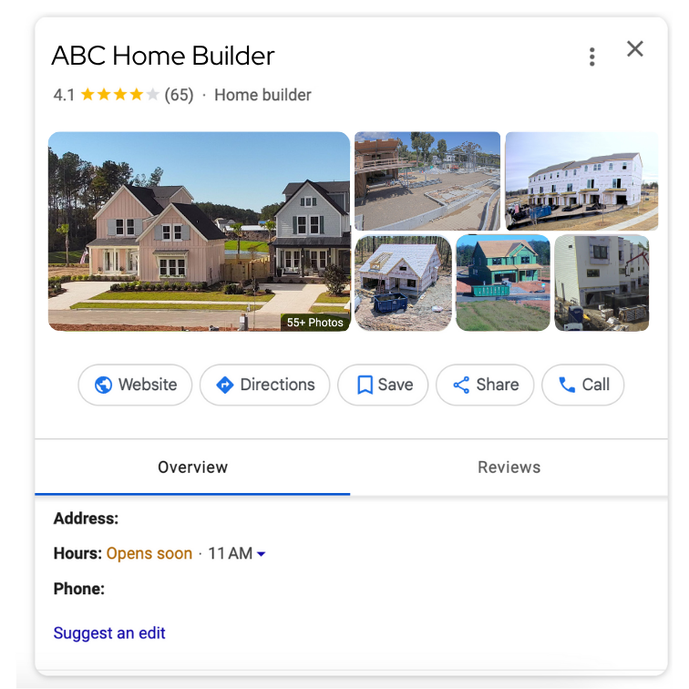 Home builder's google business page with 55+ images captured by TrueLook Construction Cameras