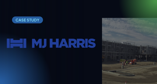 MJ Harris logo next to a construction site photo from a construction camera
