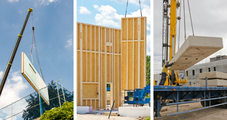 Three different prefabricated materials being delivered to construction sites