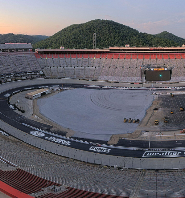 Panoramic view of Bristol Motor Speedway being construction into a baseball field from a construction camera at the top of the stands.