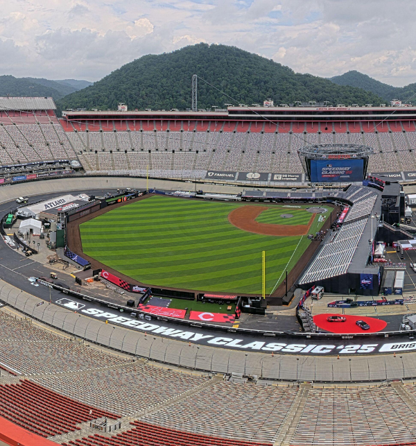 Panoramic view of the completed baseball field at Bristol Motor Speedway for the 2025 Speedway Classic from the top of the stands.