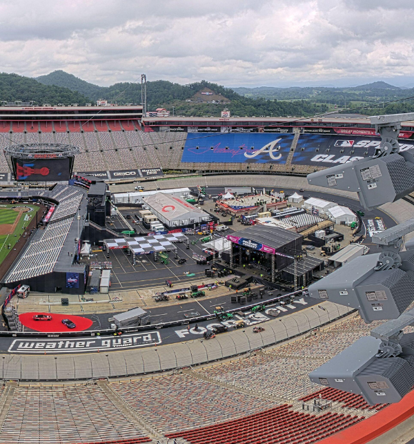 Completed fan engagement area behind the baseball field at Bristol Motor Speedway for the Speedway Classic. The view is from a camera at the top of the stands. 