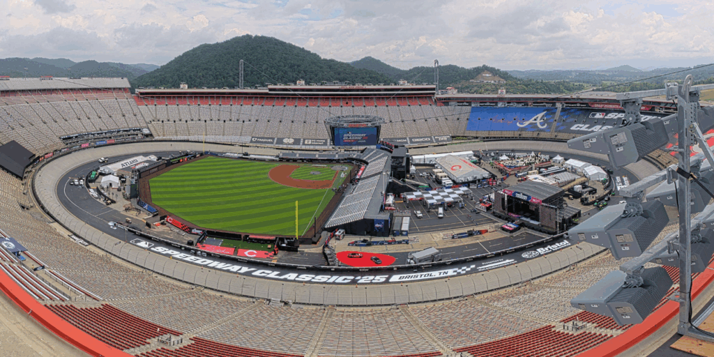 Panoramic view of Bristol Motor Speedway set up as a ballpark for the 2025 Speedway Classic from a construction camera at the top of the stands.