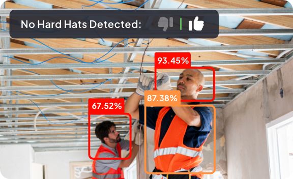 graphic showing two workers without hard hats on and TrueLook's TrueAI PPE detecting that