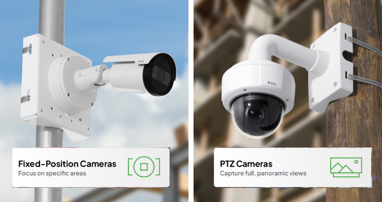 Fixed-position camera mounted to a metal pole next to a PTZ camera mounted to a wooden pole to compare the two