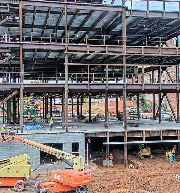 Kaleideum's construction site with construction workers on site with just the steel erected
