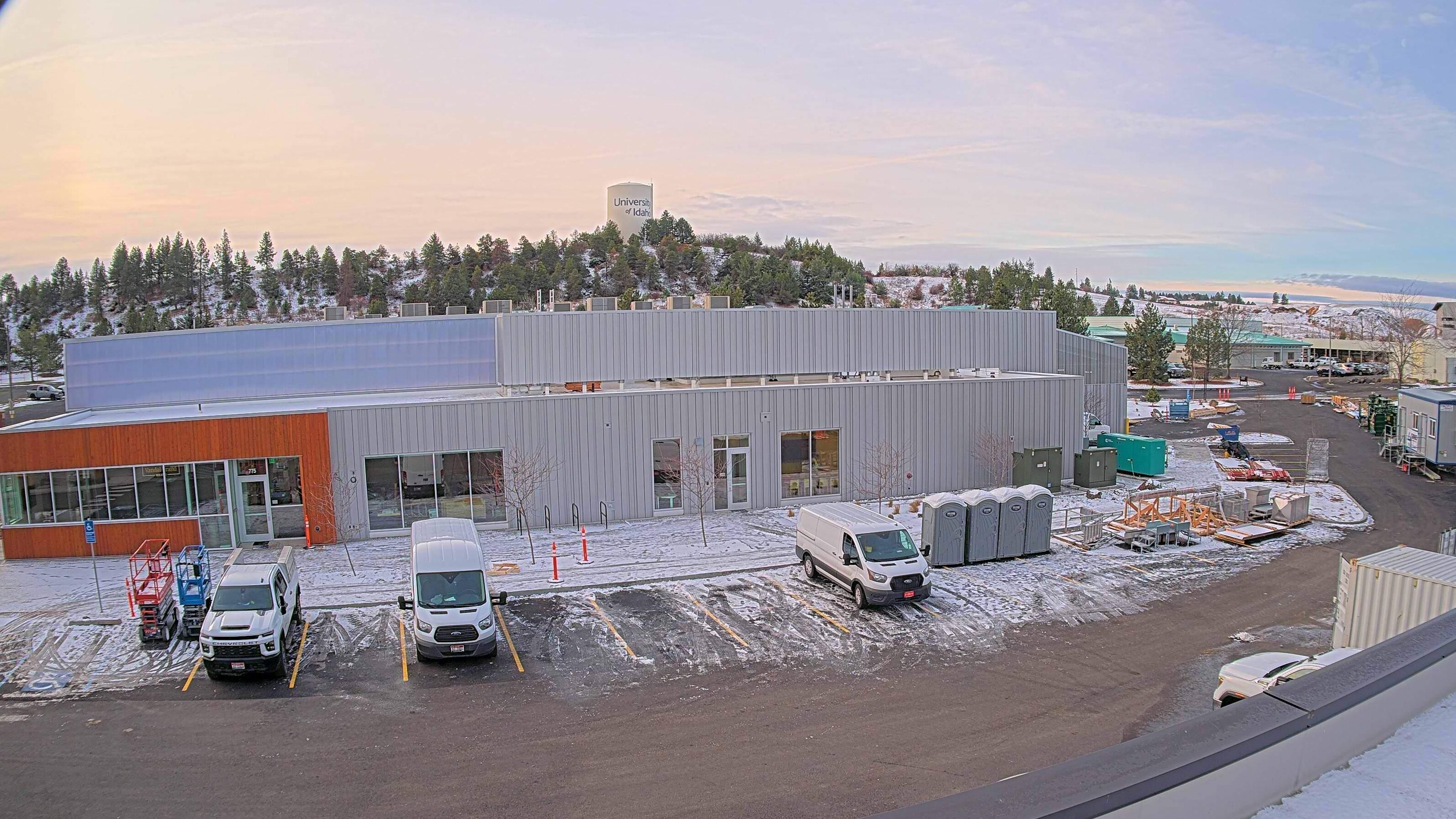 A leased construction camera captured the snow on a newly completed Meat Science Center at the University of Idaho