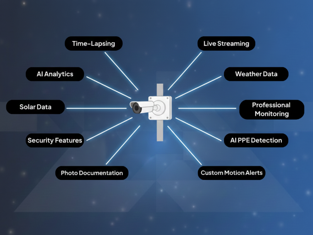 Infographic showing 10 different features that a construction camera offers such as time-lapsing, security, live streaming, and AI analytics