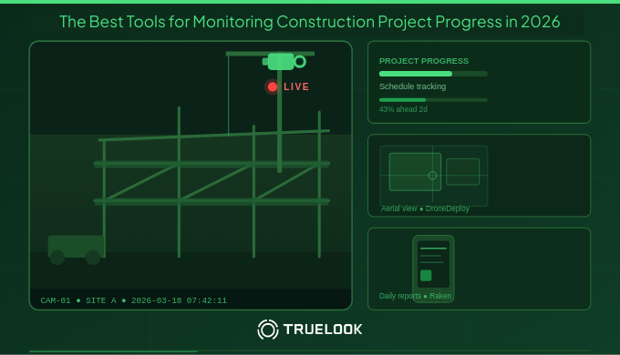 infographic showing the best tools for monitoring construction project progress such as DroneDeploy, TrueLook, and Raken