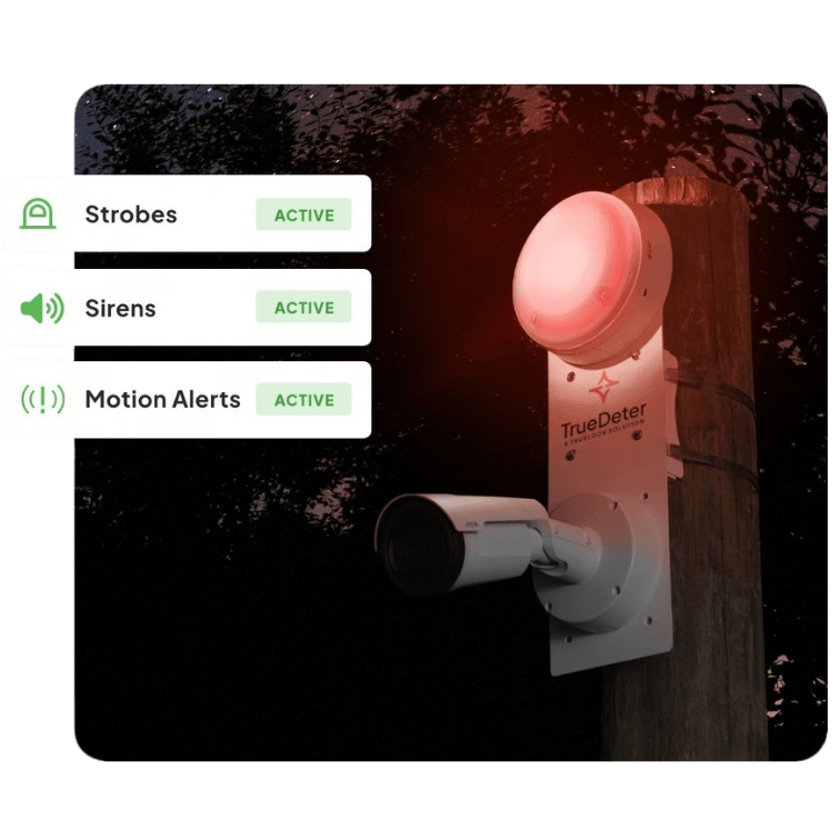 Strobes, sirens, and motion alert icons next to TrueDeter unit showing what you get from this security camera for construction