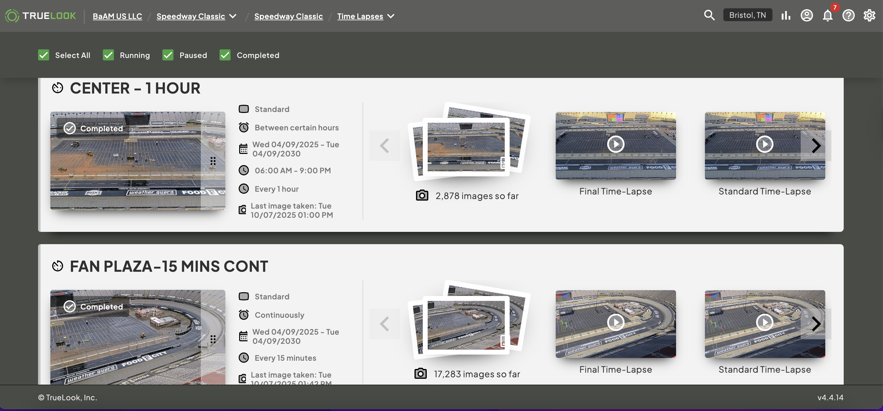 screenshot of the TrueLook time-lapse feature of the platform showing that the pan-tilt-zoom camera allowed the team to capture the center of the project and the fan plaza with the same camera
