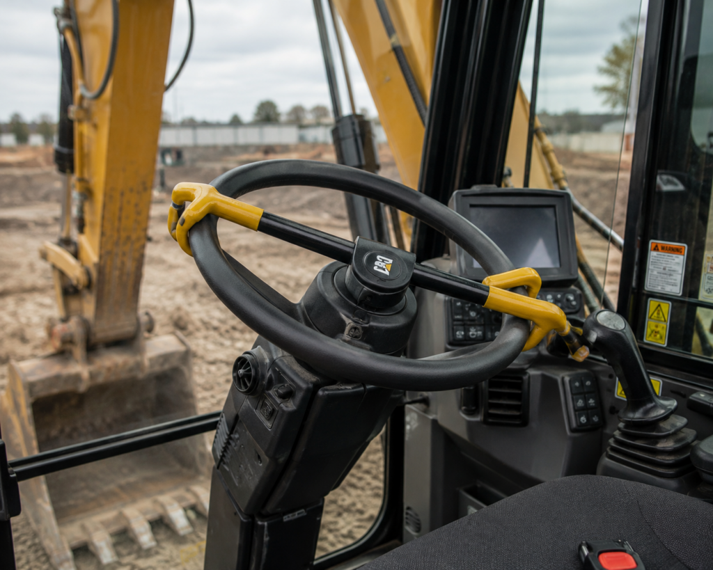 steering wheel lock on an excavator as an anti-theft strategy for a construction site