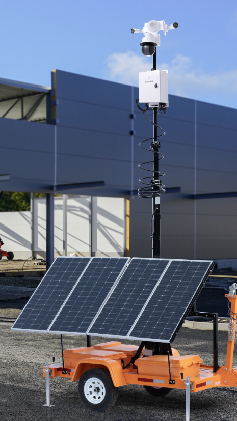 TrueLook mobile surveillance trailer with a mobile security camera attached on top near a data center or commercial construction project