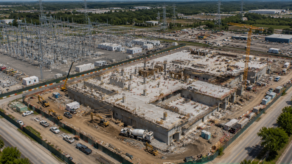 Data Center substation construction taking place next to a data center build or other commercial build