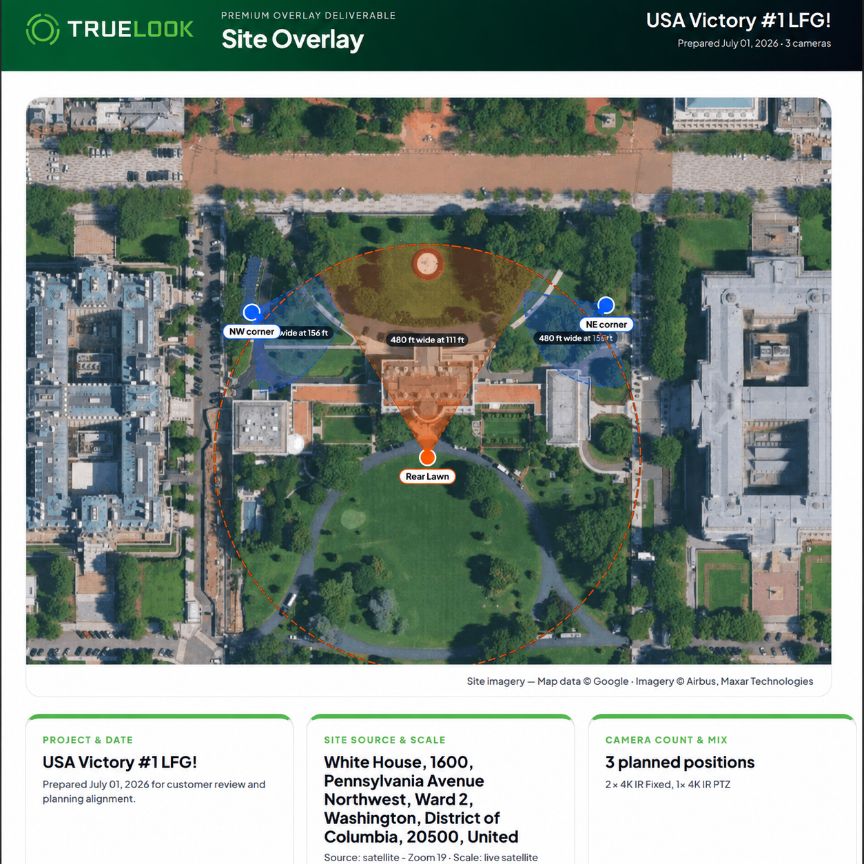 Camera placement overlay example showing where construction cameras should be placed on a project such as The White House