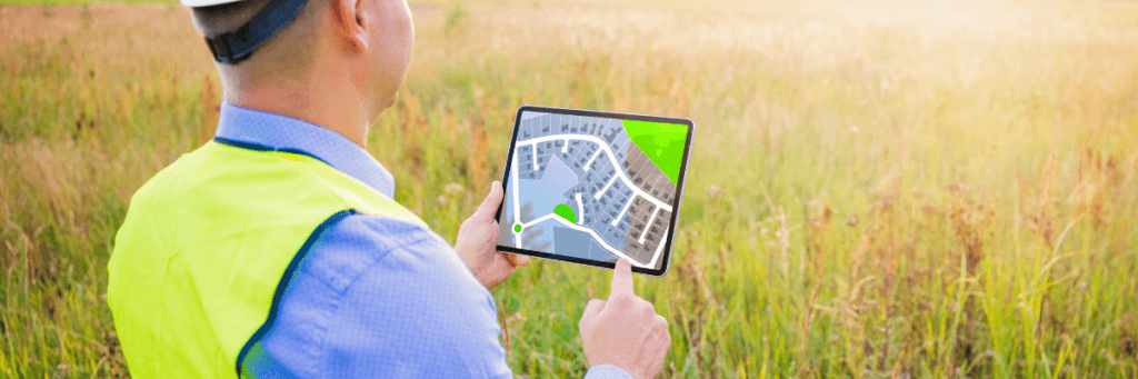 A construction worker looking at a field and mapping out a construction project