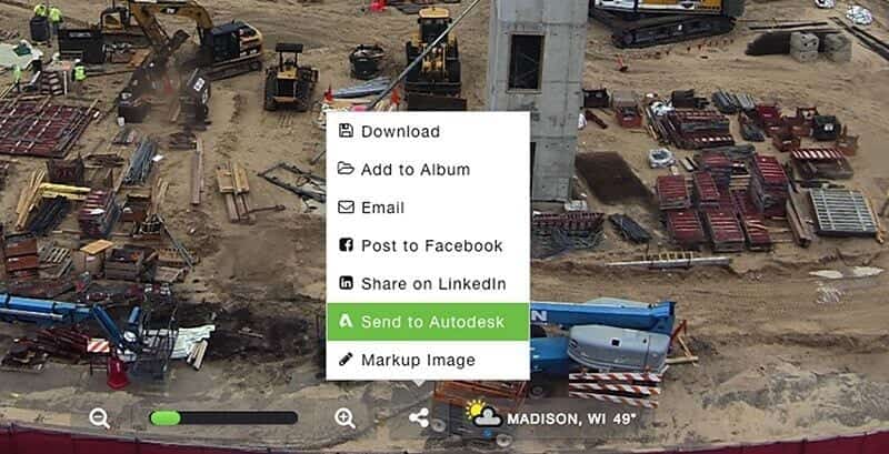TrueLook image viewer with download and share menu over a jobsite