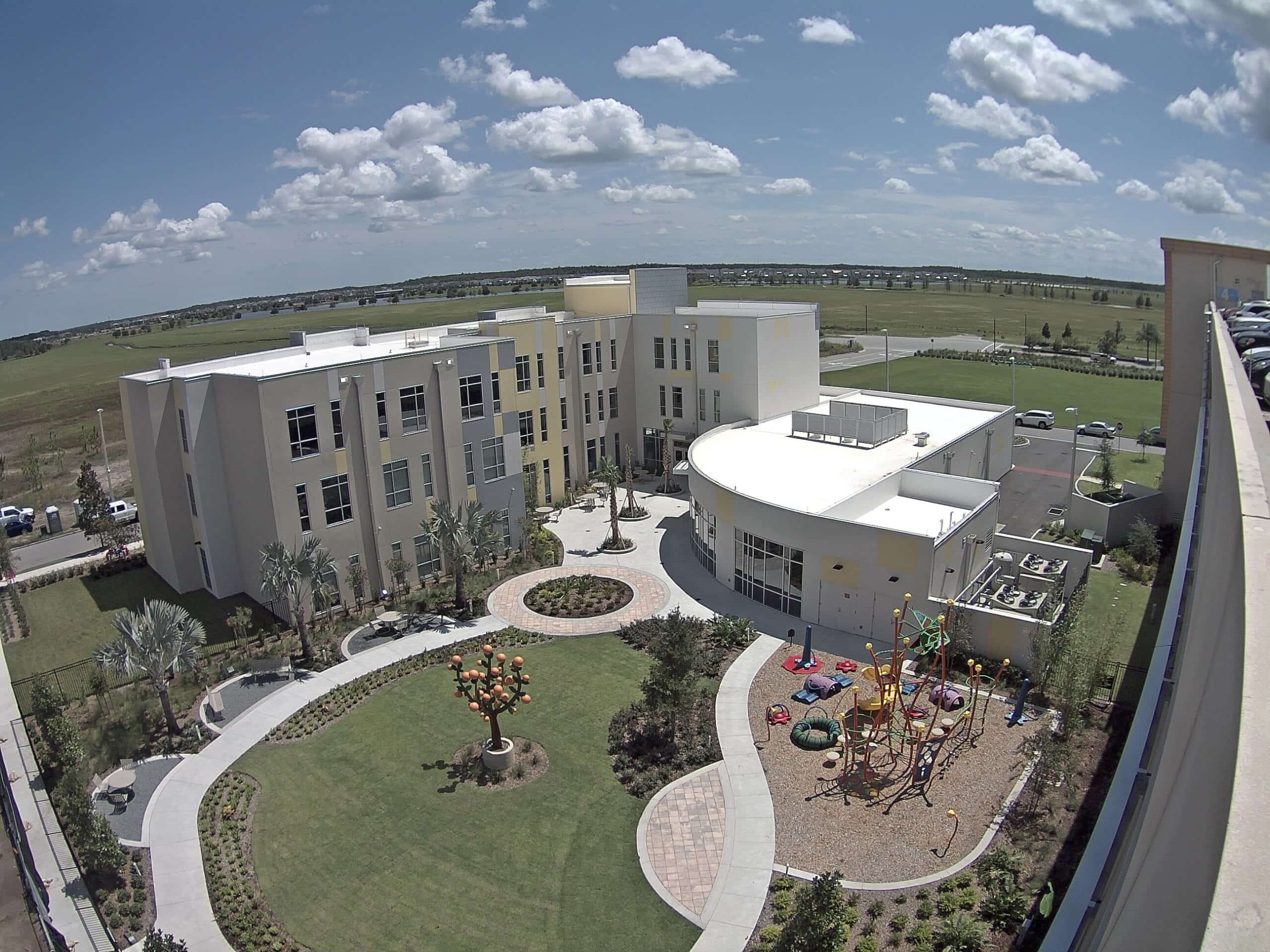 Wide-angle camera view of a school campus and playground