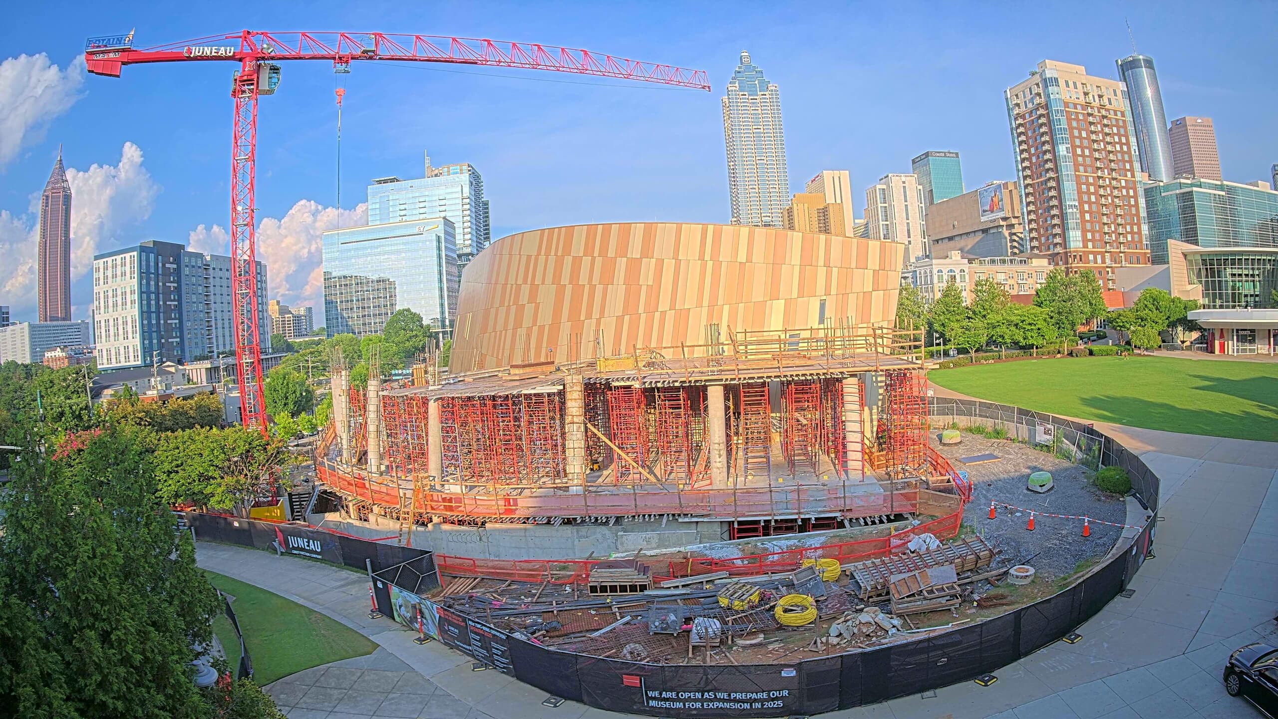 Camera view of the National Center for Civil and Human Rights expansion with a crane, July 2024