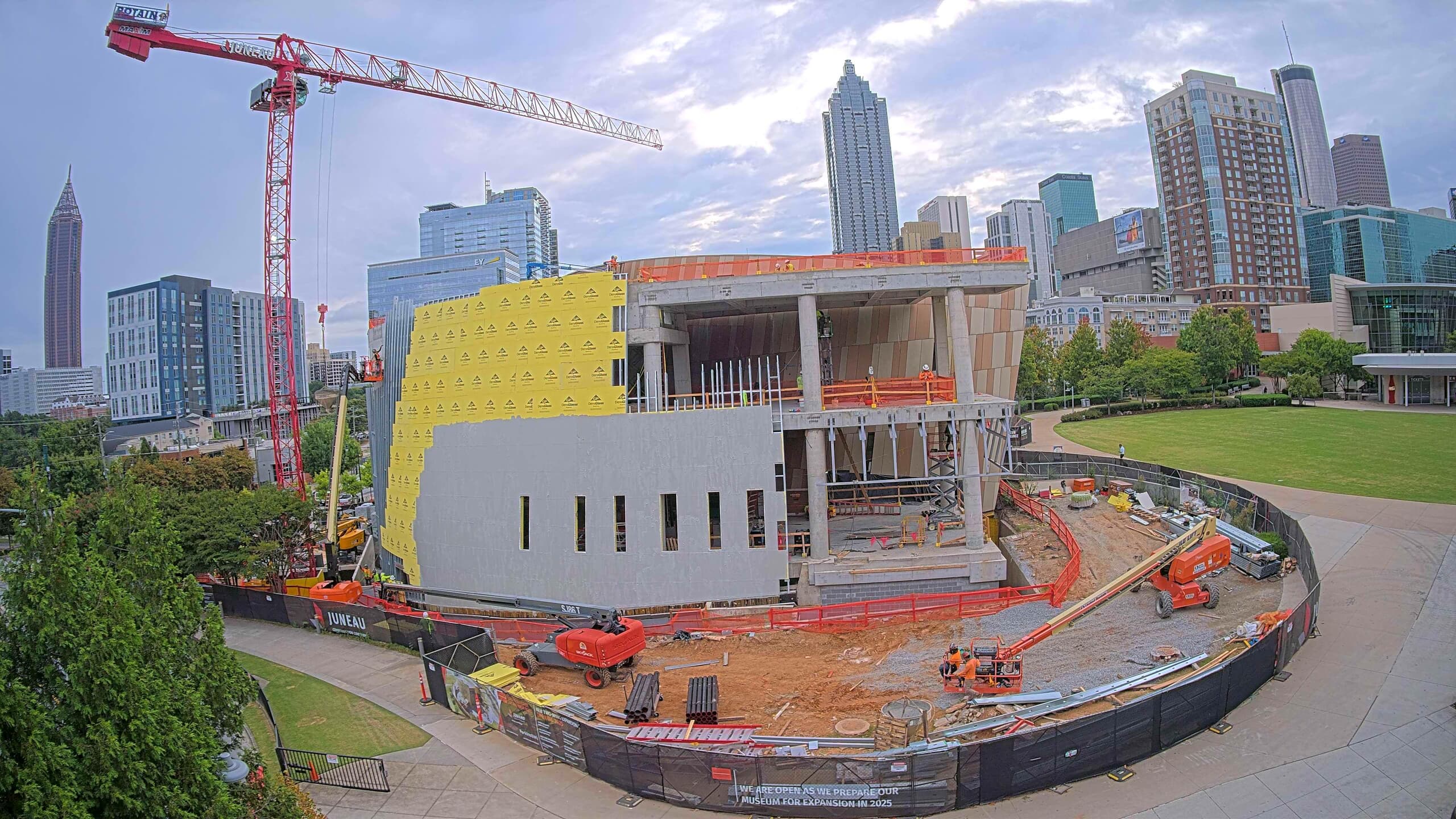 Camera view of the National Center for Civil and Human Rights expansion with a crane, September 2024