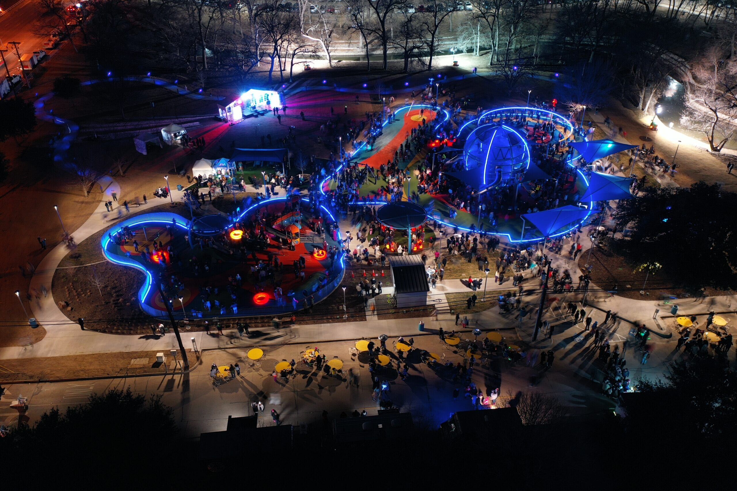 Aerial view of the glow-in-the-dark Joya playground at night