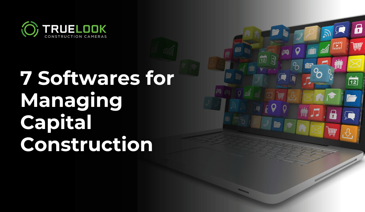 7 Softwares for Managing Capital Construction, with app icons rising from a laptop