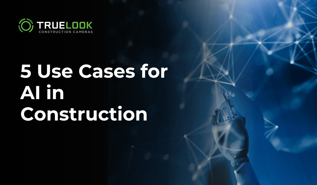 5 Use Cases for AI in Construction, with a robotic hand and network graphic