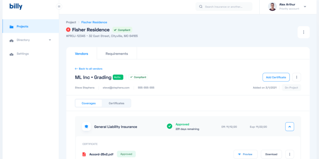 Billy for insurance platform showing projects