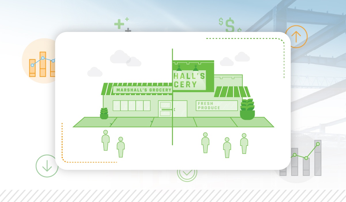 Illustration of a grocery store development with growth charts