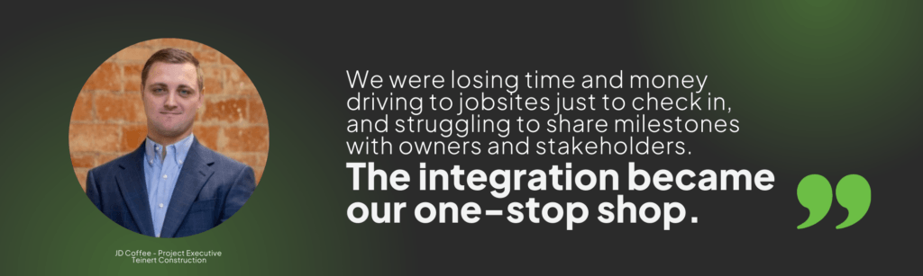 An infographic of a quote from JD Coffee, project executive saying that the integration became a one-stop shop because they lost time and money before it. 