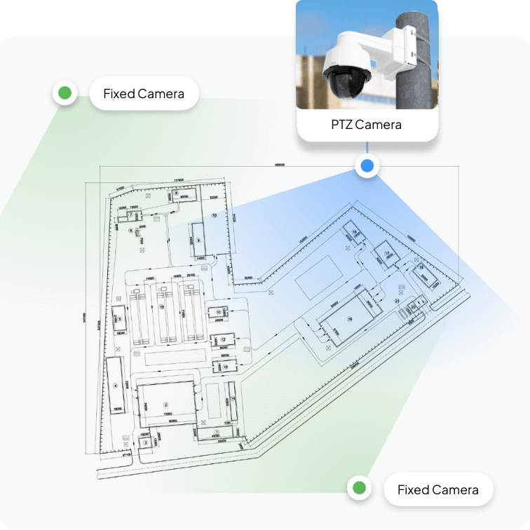 Construction site plan with a PTZ and two fixed cameras