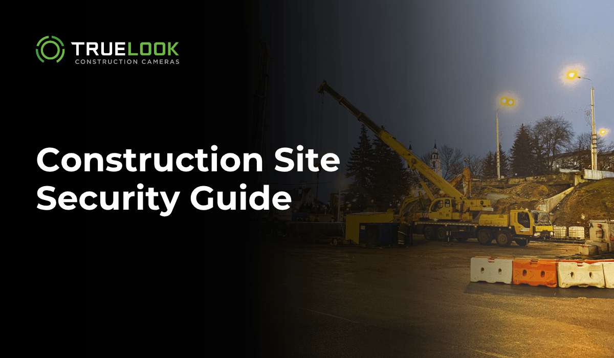 Construction Site Security Guide, with a crane and barriers at night