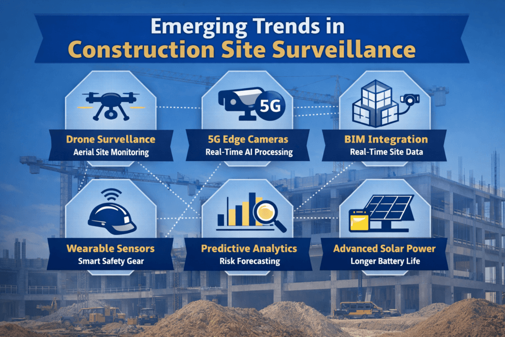 chart showing the emerging trends in construction site surveillance such as construction cameras, BIM, wearable sensors, and drones