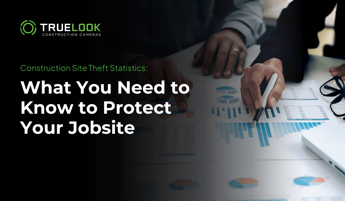 Construction Site Theft Statistics: What You Need to Know to Protect Your Jobsite, shown over a person reviewing charts