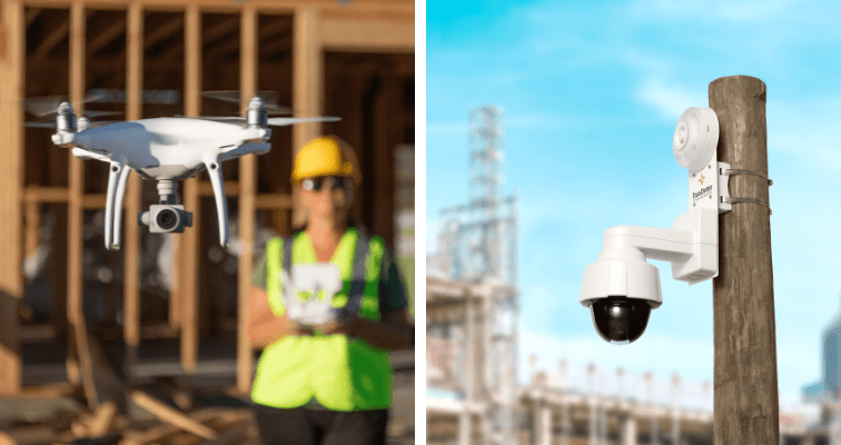 VDC Manager on a construction site controlling a drone side by side an image of a construction site security camera on a wooden pole