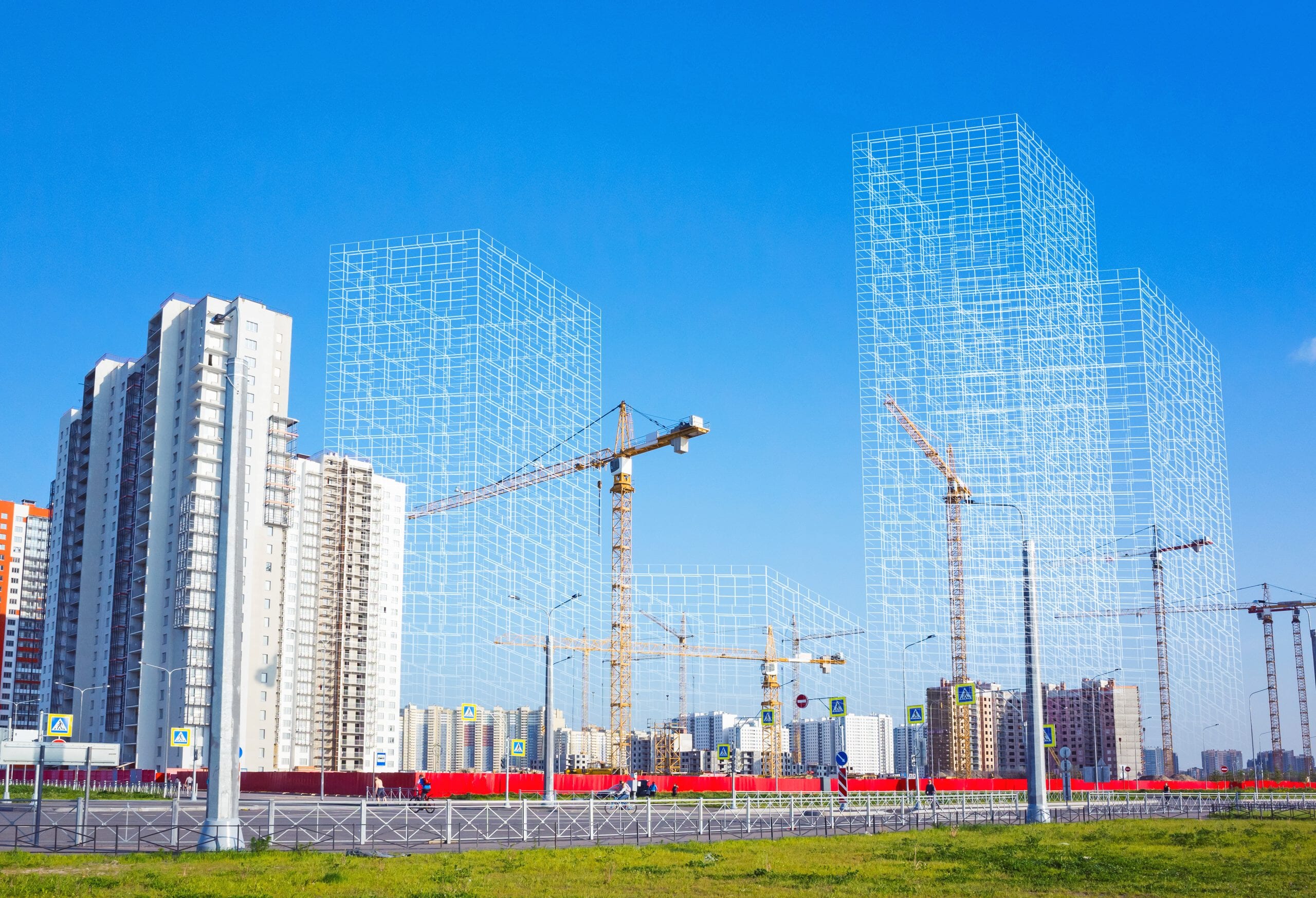 City with high-rises next to construction drawings of high-rises to show the construction that is coming.