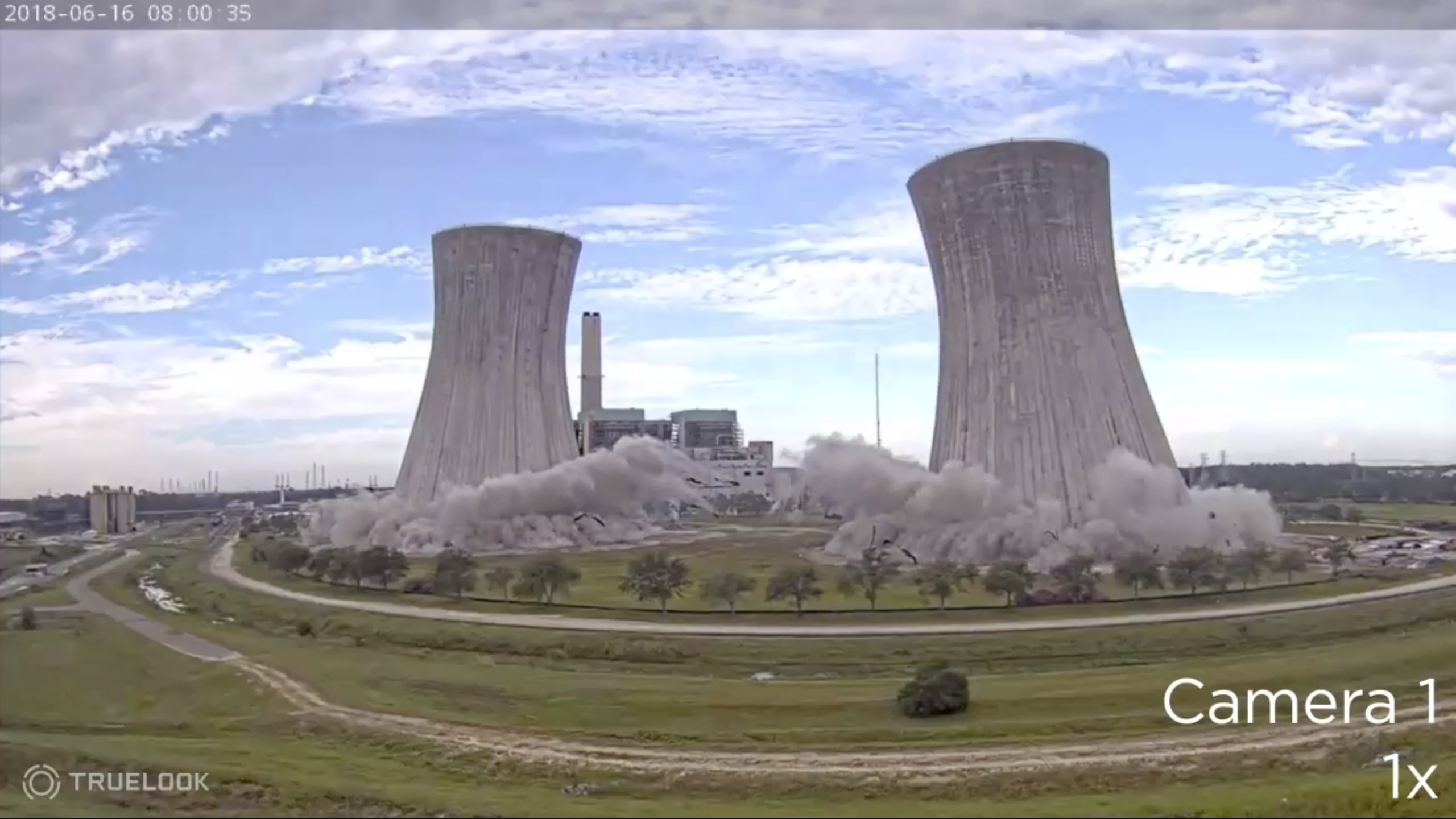 TrueLook camera view of a cooling tower demolition
