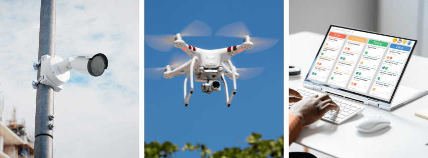 Security camera, drone, and laptop with a project dashboard