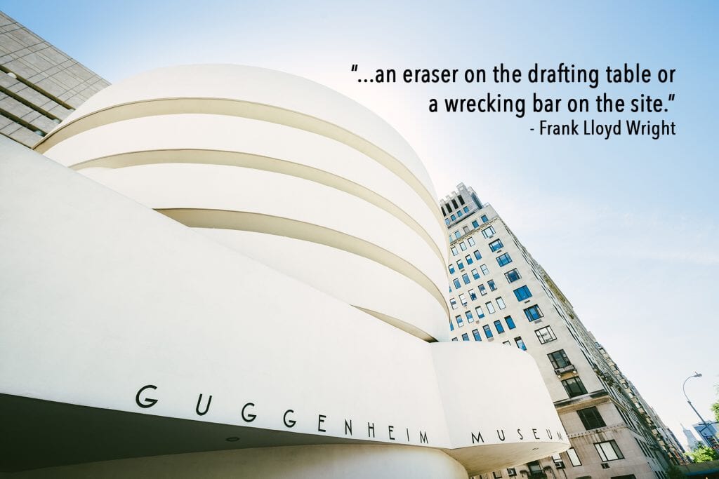 Infographic with a photo of the Guggenheim Museum and in the top right corner is a quote 