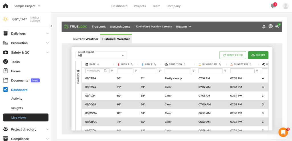 Screenshot of the Raken and TrueLook integration where you can see the raken tabs on the left and the TrueLook weather feed in the center 