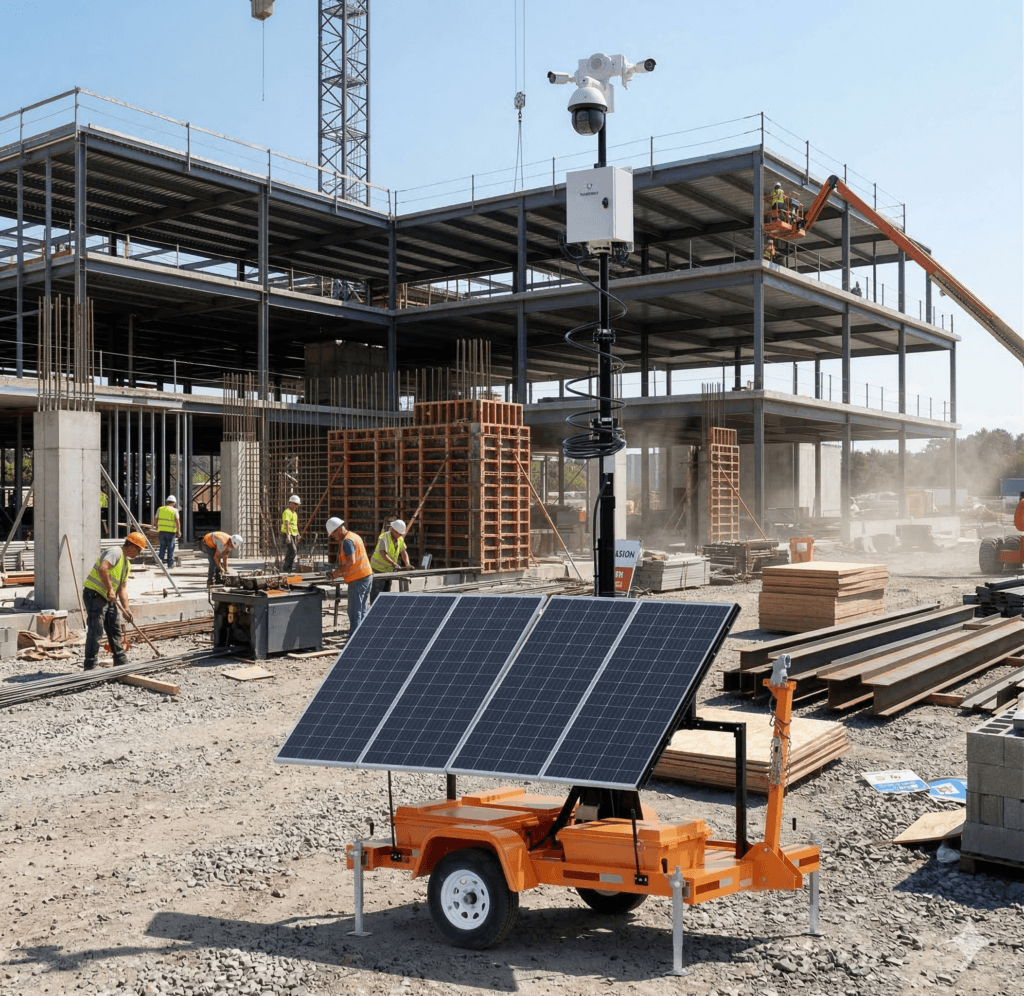 portable surveillance trailer on a construction site with four panels, and a security camera unit on it
