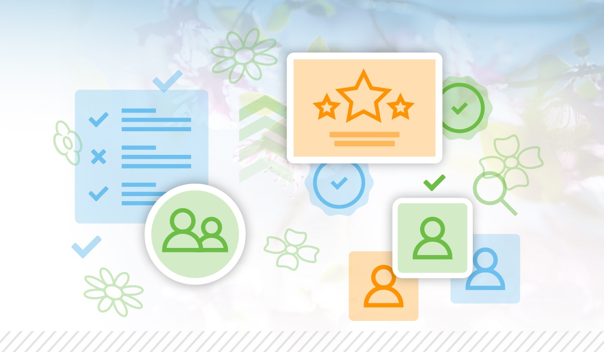 Illustration of checklists, ratings, and team icons