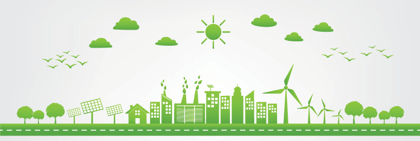 Illustration of a green city skyline with wind turbines and solar panels