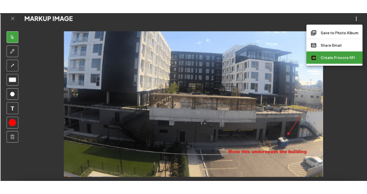 TrueLook platform showing markup image tool that allows you to use text, arrows, and shapes to annotate an image and send it to a Procore RFI