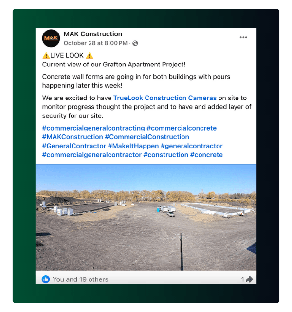 MAK Construction social media post sharing a TrueLook camera view